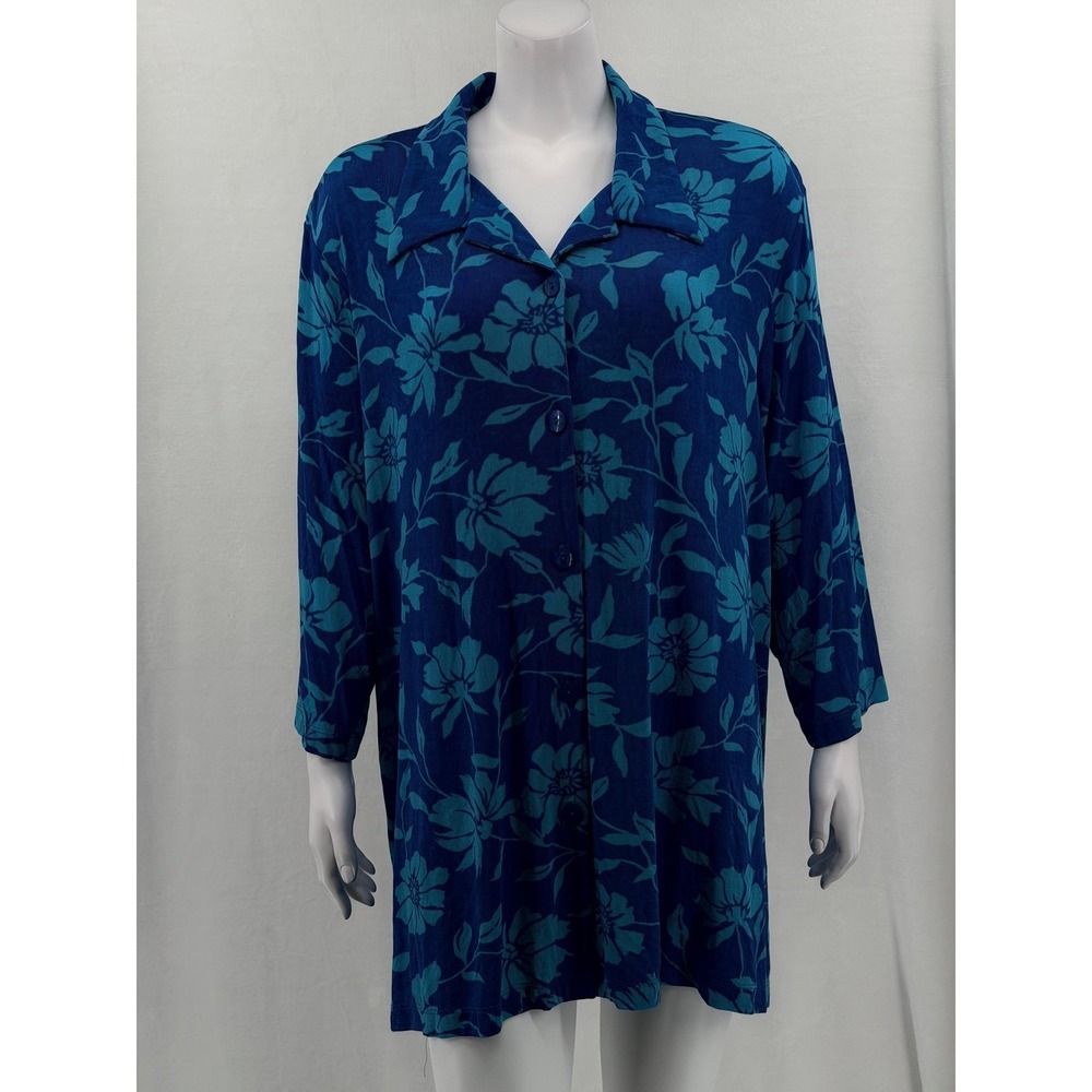 Slinky Brand Top Womens 2X Blue Floral Button Up Stretch Tropical Mature Travel